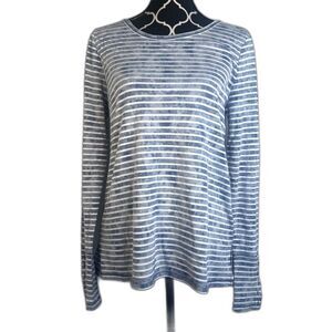 Lucky Lotus Blue White Striped Comfy Cotton Blend Button Cuff Top Size Medium
